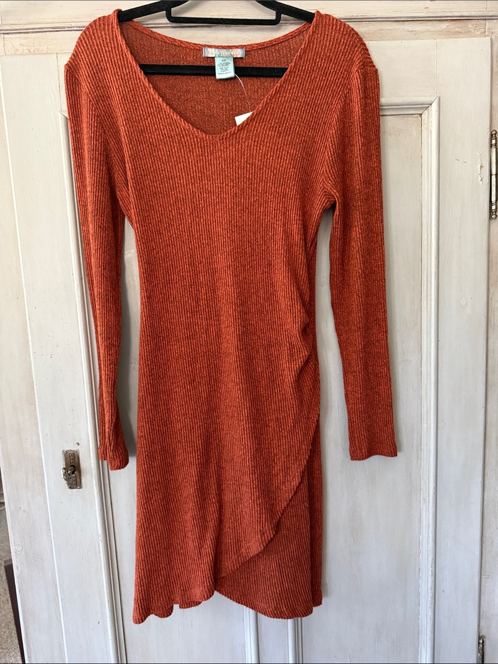 Good Luck Gem Ribbed Wrap-Front Long Sleeve Dress — Rust Orange